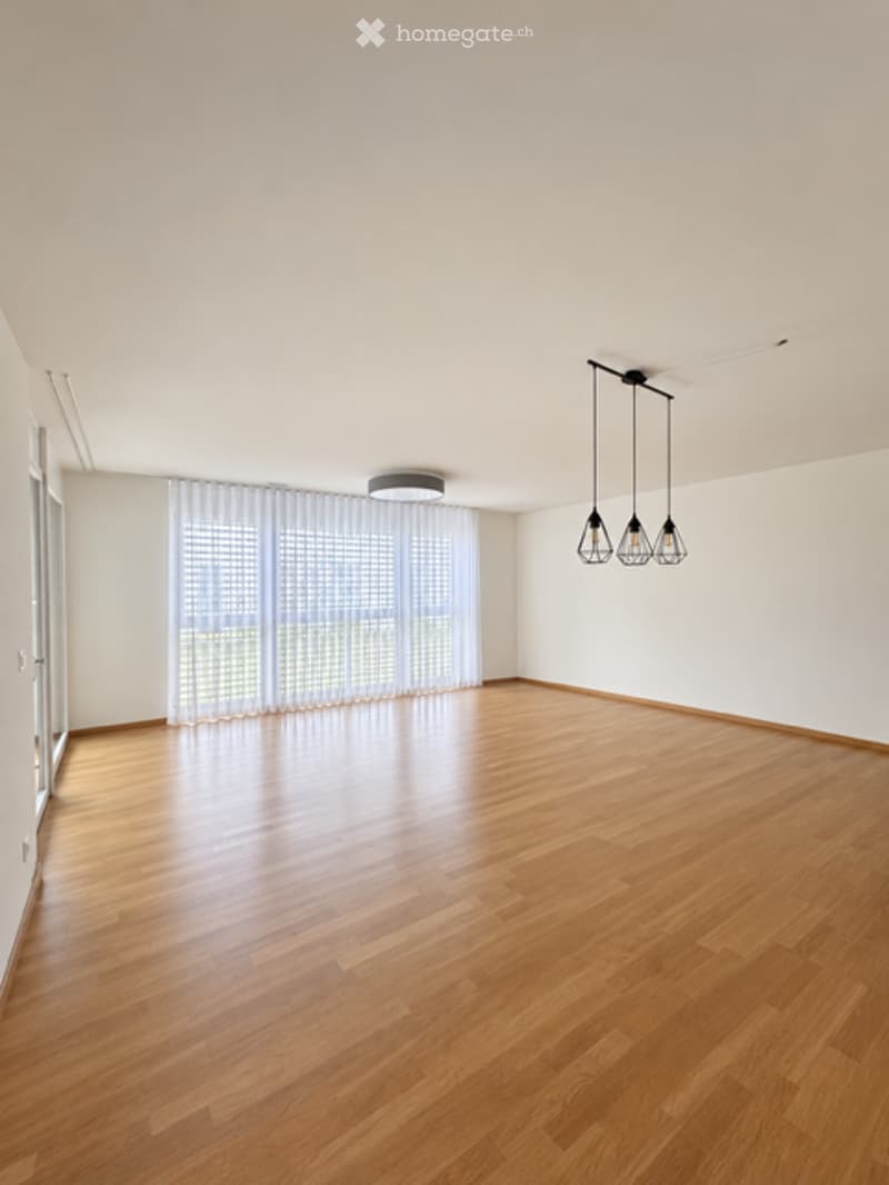 Empty room with wooden flooring, white walls, large window with sheer curtains, and modern pendant lights.
