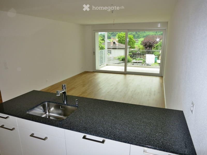 Modern kitchen with white cabinets, black granite countertop, and a stainless steel sink. Large sliding glass doors open to a balcony with outdoor views.