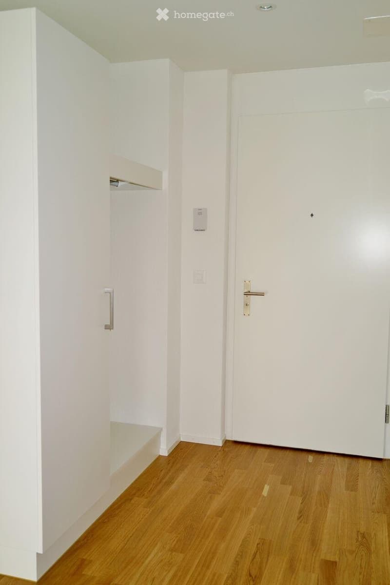 Empty room with white walls, wooden floor, white door, and built-in shelf.