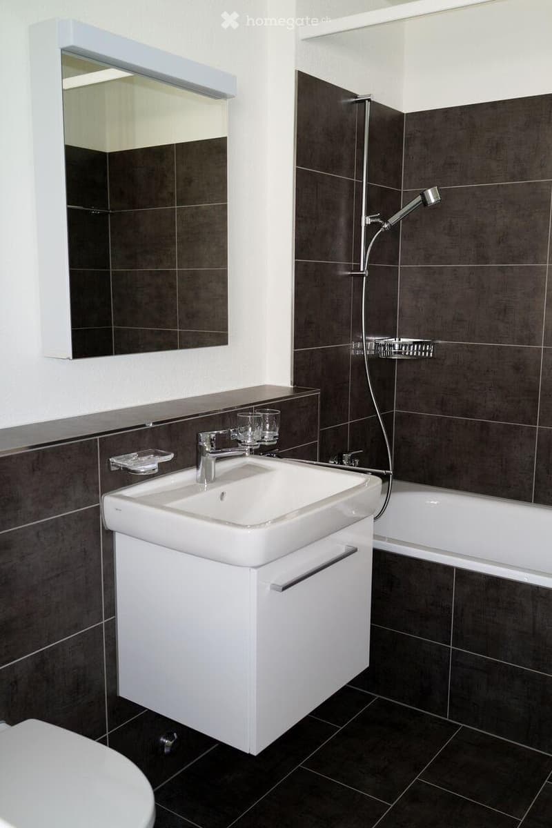 Modern bathroom with dark brown tiles, white sink, mirror, bathtub, and showerhead.