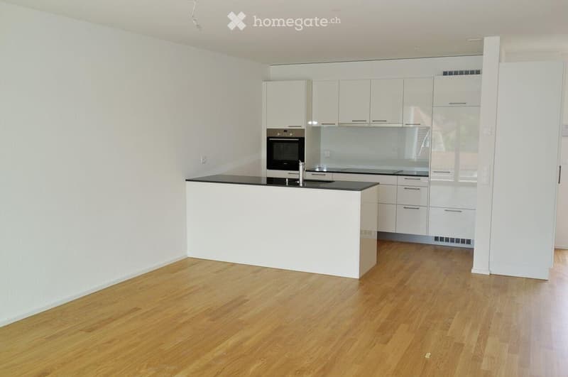 Empty kitchen with white cabinets, black countertop, and wooden flooring. No appliances or furniture present.