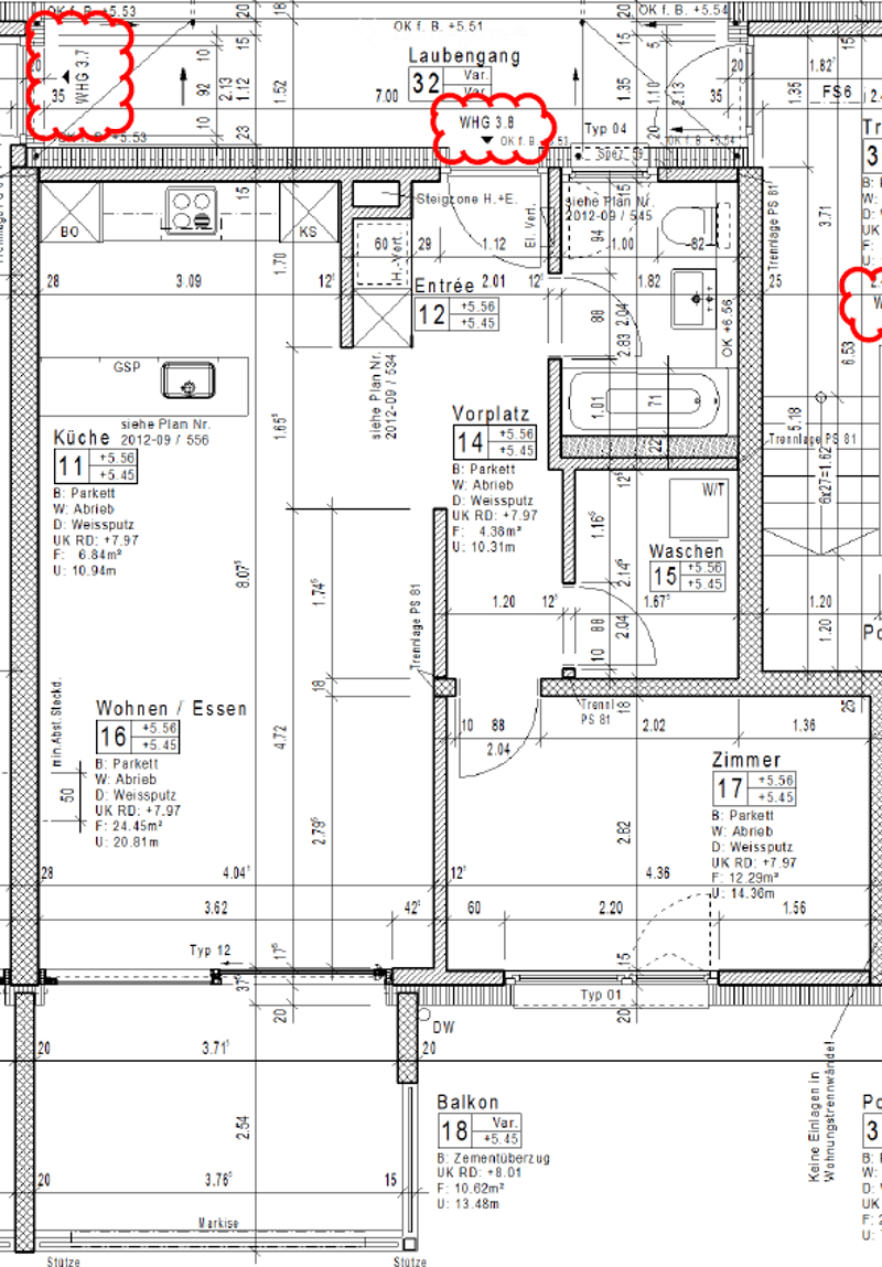 Floor plan of a residential unit labeled "Lauben." The layout includes labeled rooms such as Vorplatz (entrance area), Wasch (bathroom), Zimmer (bedroom), Wohnen/Essen (living/dining area), and Balkon (balcony). Dimensions and room numbers are indicated t