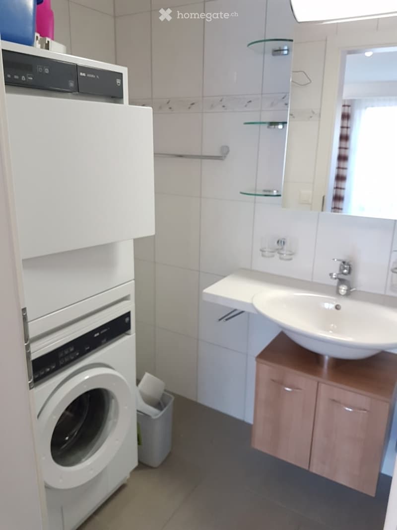 Modern bathroom with a white sink, mirror, wooden cabinet, and a washing machine. The walls are tiled in white with a decorative border.