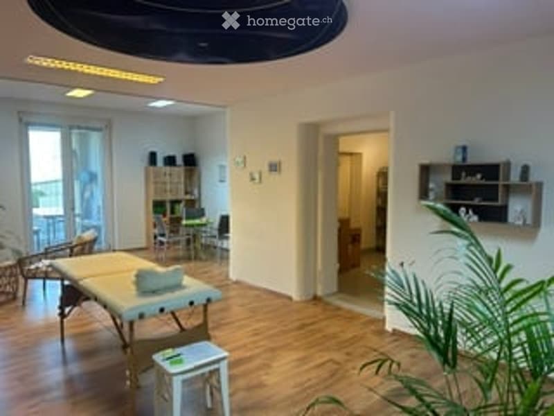 Bright, modern room with wooden flooring, massage table, chairs, small stool, shelves, and a potted plant near the window.