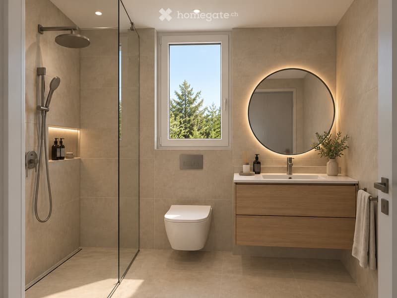 Modern bathroom with beige tiles, a glass-enclosed shower, a floating vanity with a sink, a round illuminated mirror, and a toilet. A window offers a view of greenery outside.
