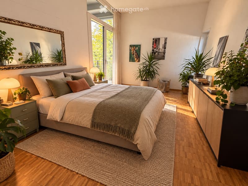 Cozy bedroom with a large bed, nightstands, lamps, a large mirror, and several potted plants. The room features wooden flooring and a woven rug.