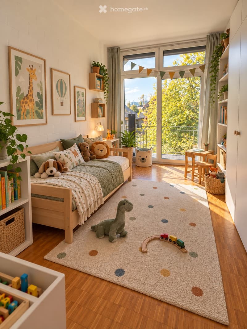 A cozy, well-lit bedroom with a wooden bed, colorful pillows, a green blanket, and various toys including a dinosaur and a train set. The room features a large window with a view of greenery, shelves with books and plants, and a small table with chairs.