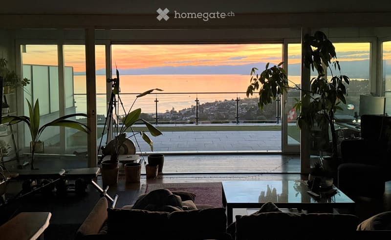 Modern living room with large windows offering a scenic ocean view, featuring a sofa, coffee table, glass side table, and several potted plants.