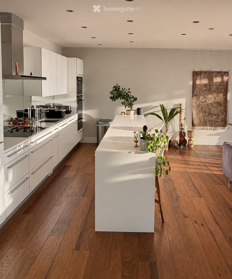 Modern kitchen with white cabinets, stainless steel appliances, central island, and wooden flooring. Includes a stool, plants, and musical instruments.