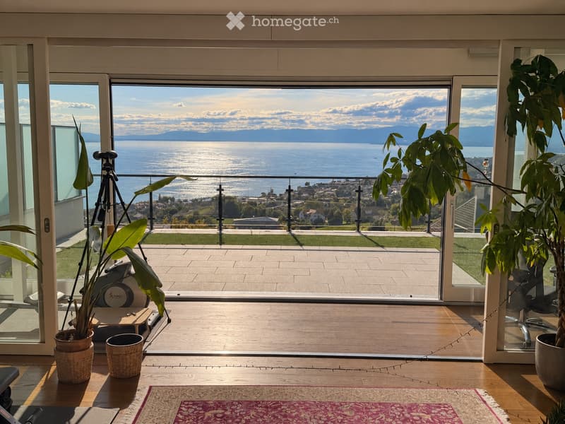 Bright living space with wooden flooring, large windows offering a scenic lake and mountain view, exercise bike, potted plants, and a patterned rug.