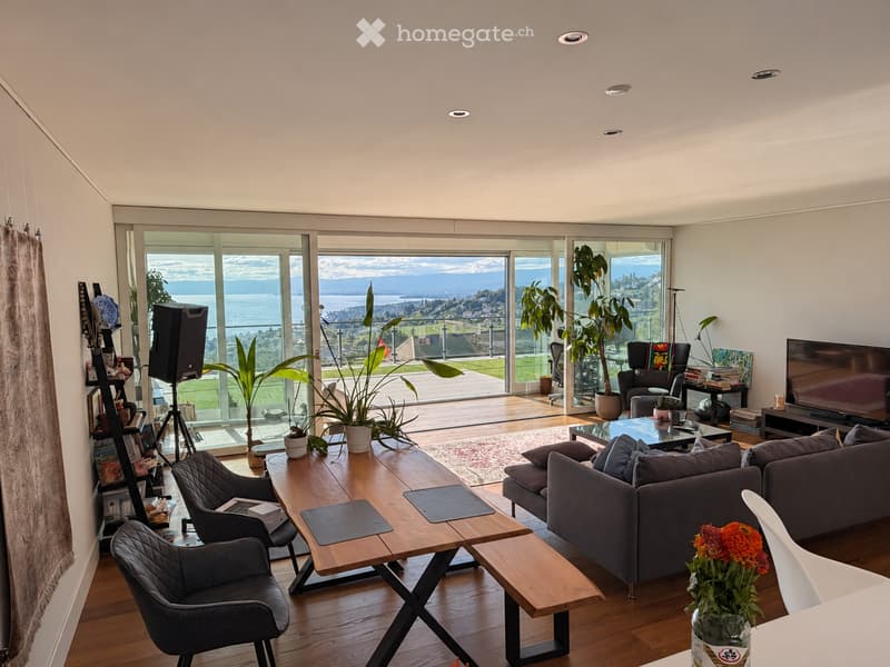 Modern living room with large windows offering a scenic view, featuring a grey sofa, wooden coffee table, chairs, and decorative plants.