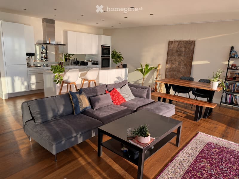 Modern living room with grey sectional sofa, coffee table, dining area with wooden table and chairs, white kitchen cabinets, and various decorative plants.