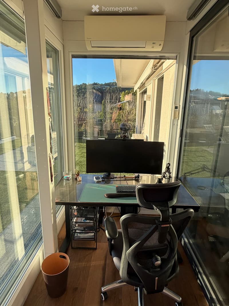 Modern office space with large windows, a desk with a monitor, keyboard, and chair, a storage shelf, and a trash can.