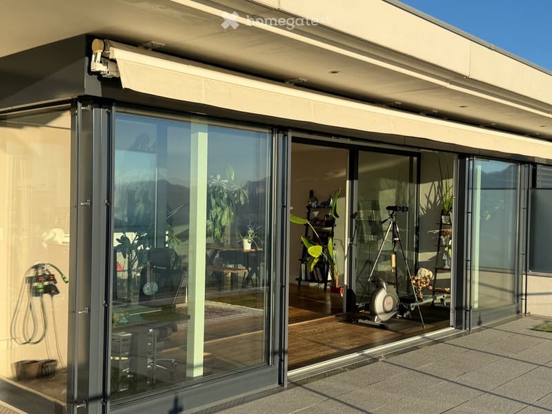 Modern glass-enclosed balcony with retractable awning, overlooking a well-furnished indoor space with plants, a tripod, and exercise equipment.