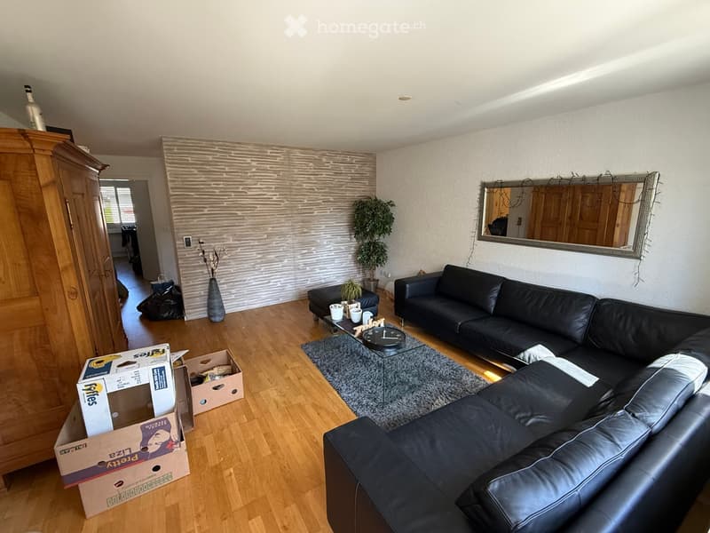 Modern living room with wooden flooring, black leather sofa, glass coffee table, clock, mirror, potted plants, and a wooden wardrobe.