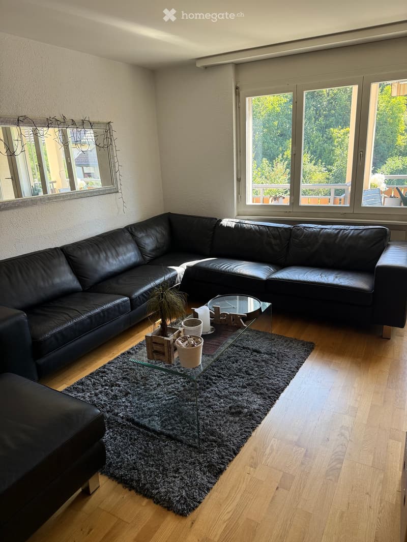 Modern living room with a black leather sectional sofa, glass coffee table, grey shag rug, and large windows offering a view of greenery.