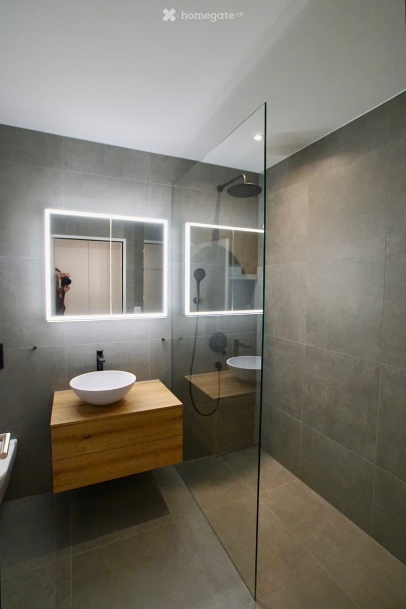modern design, gray tiles, wooden countertop, glass shower enclosure, illuminated mirrors, vanity sink, undermount sink, bidet, illuminated showerhead, shower