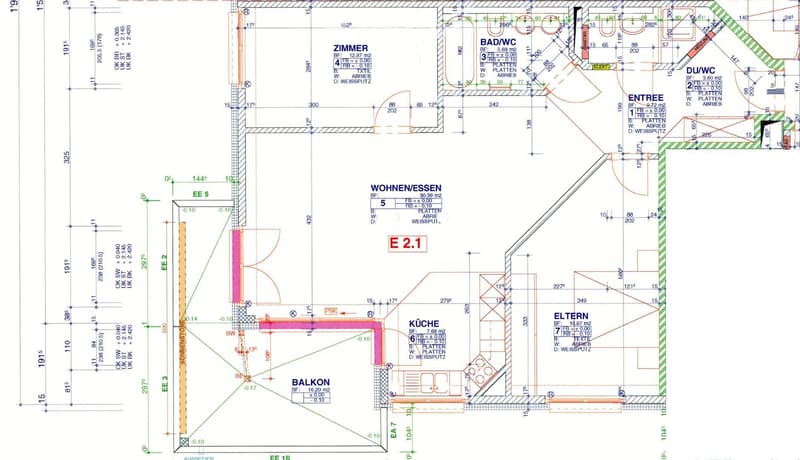Floor plan showing a living/dining area, kitchen, bedroom, bathroom, entrance, and balcony.