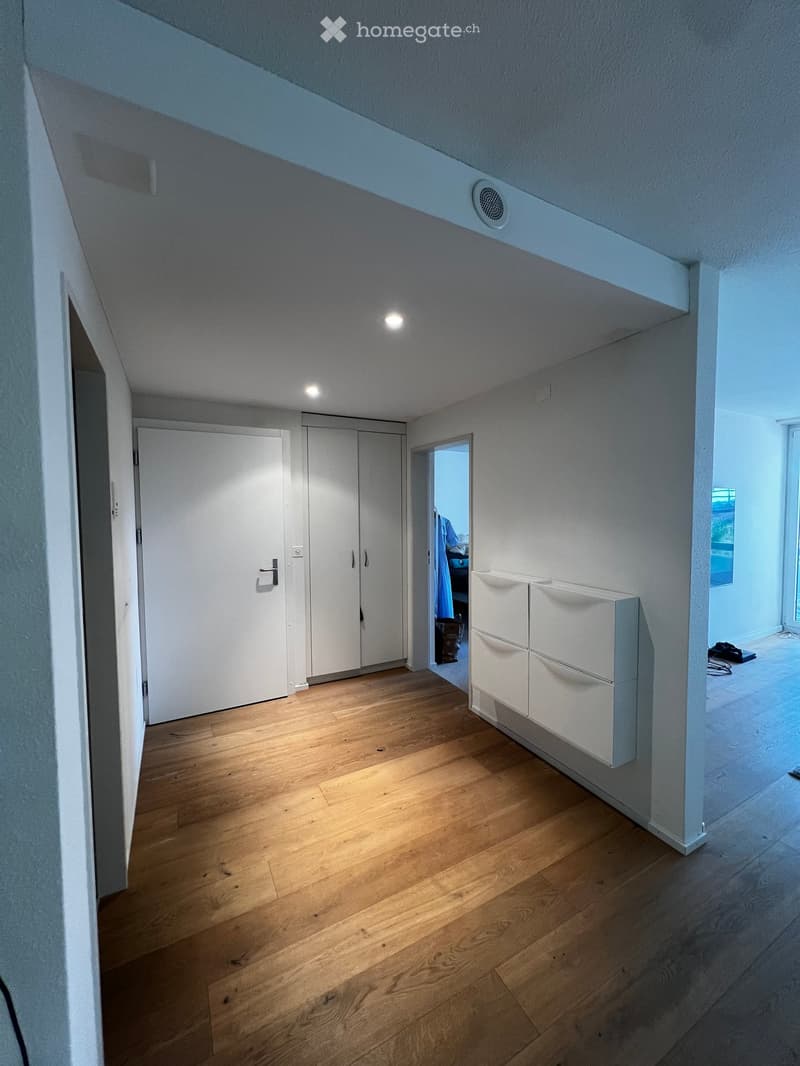 Empty room, white walls, wooden floor, a set of sliding doors, built-in storage units.