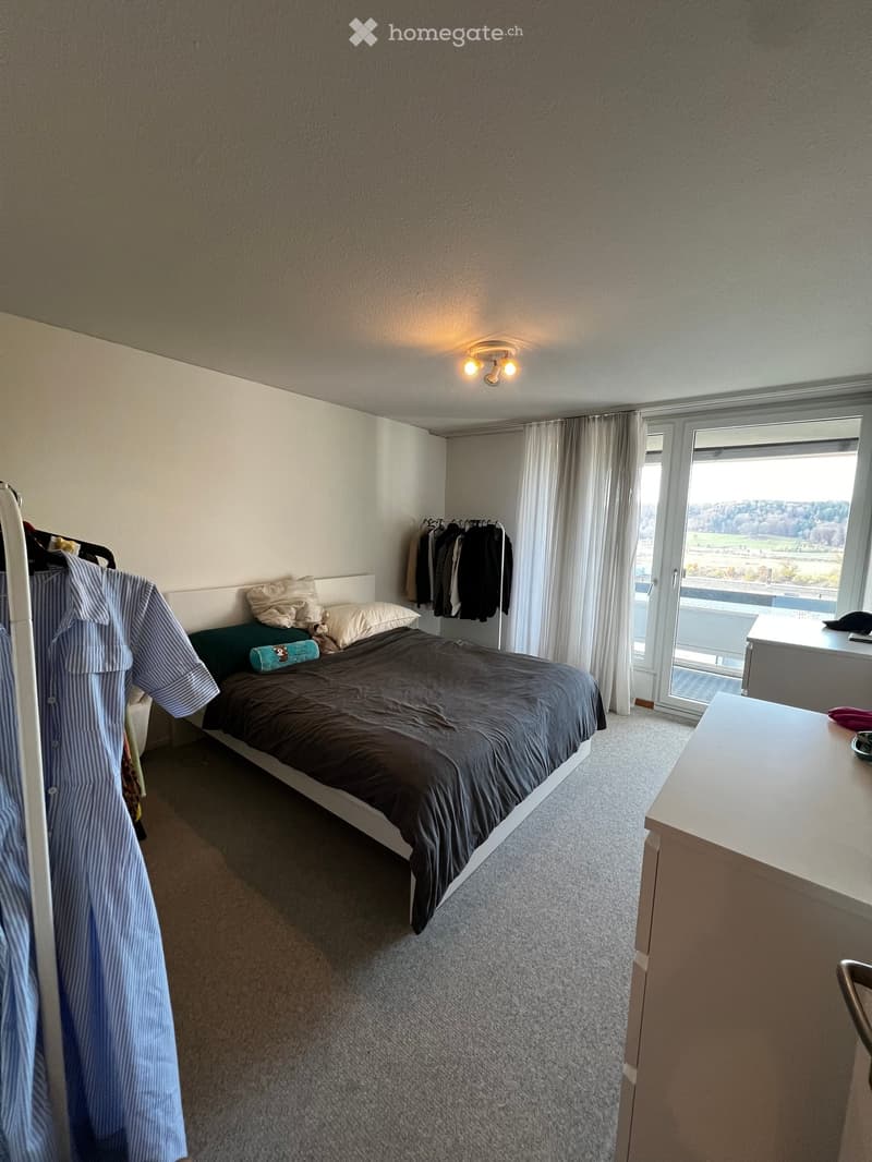 Large bed, pillows, green blanket, two wardrobes, carpeted floor, ceiling light, balcony, glass door