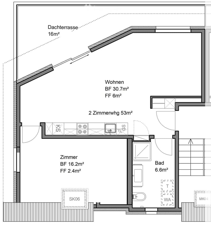 Floor plan of a 2-room apartment with a living area, bedroom, bathroom, and a roof terrace.