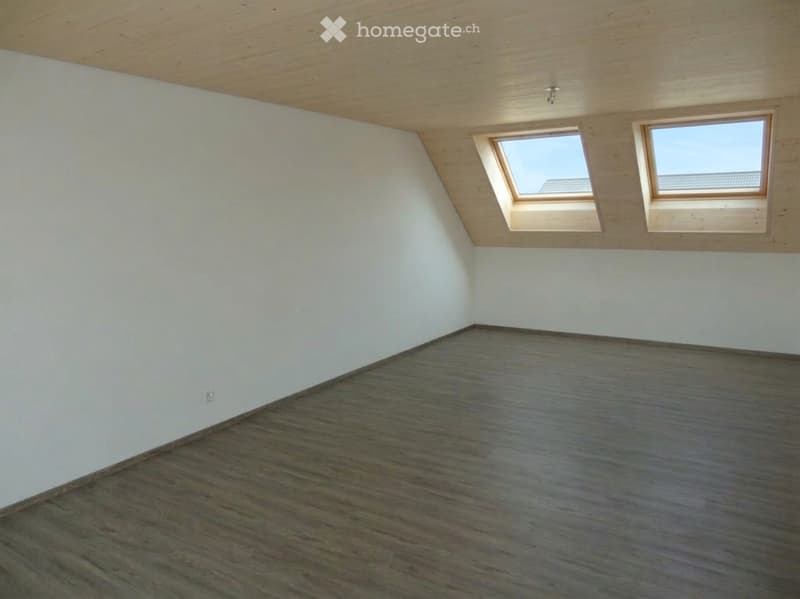 Empty attic room with wooden floor, white walls, and skylight windows.