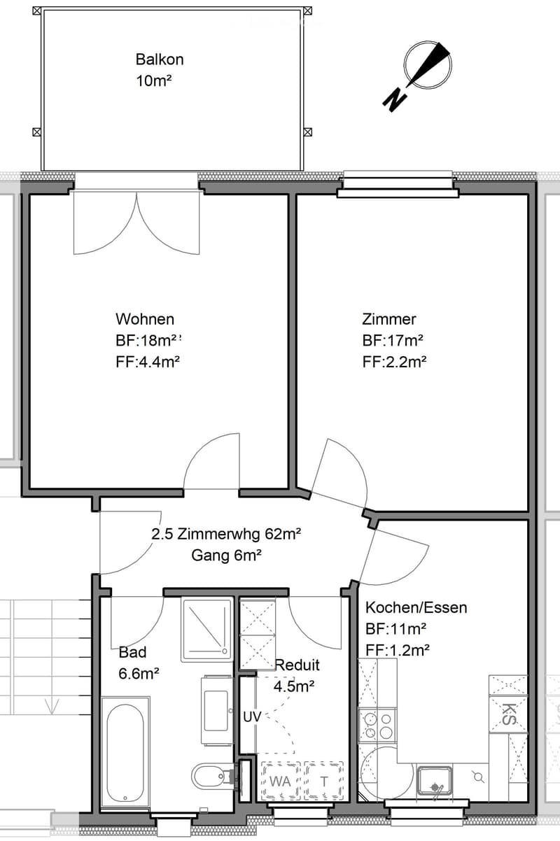 Floor plan of a 2.5-bedroom apartment with 62m² total area, including a living area, bedroom, kitchen/dining, bathroom, hallway, and balcony.