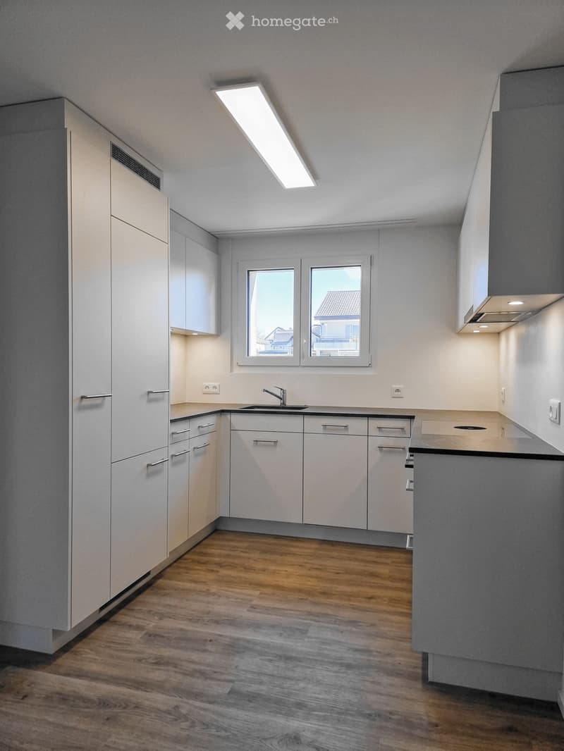 Modern kitchen with white cabinets, wooden flooring, and a window overlooking a residential area.