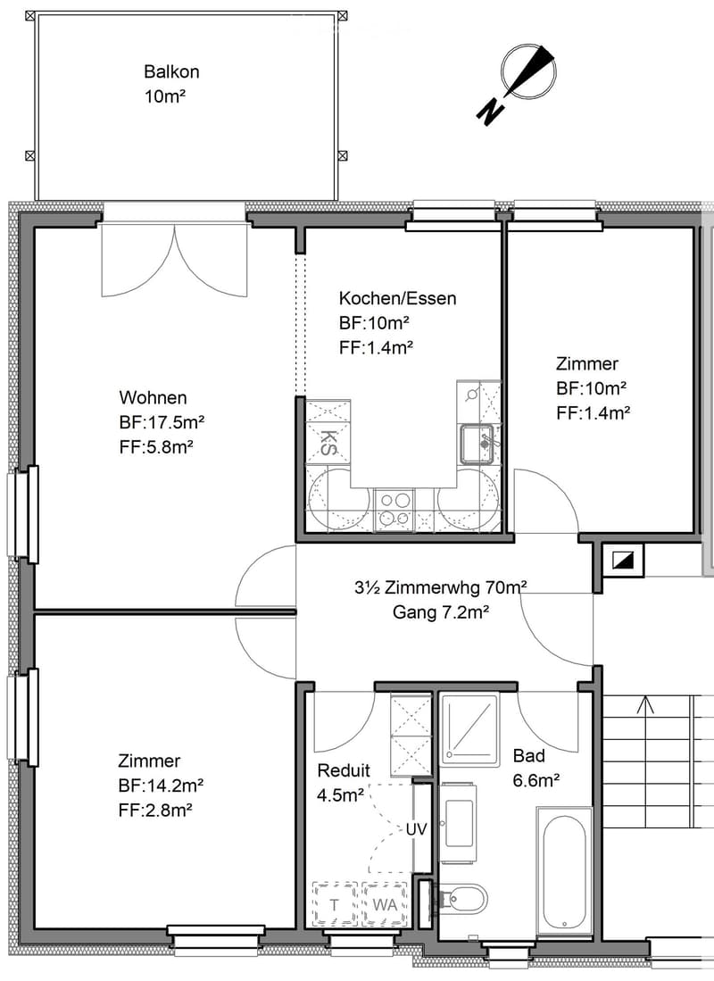Floor plan of a 70m² apartment with 3.5 rooms, including living area, kitchen/dining, bedroom, bathroom, hallway, and balcony.