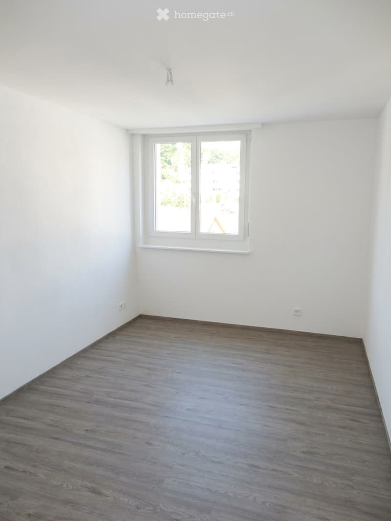 Empty room with white walls, wooden flooring, and a large window with white frame.