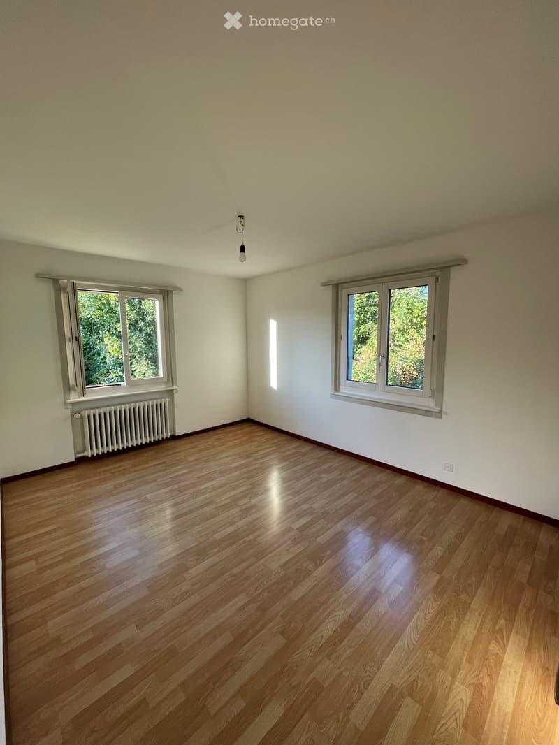 Empty room with wooden flooring, white walls, two windows, radiator, and a single light fixture on the ceiling.
