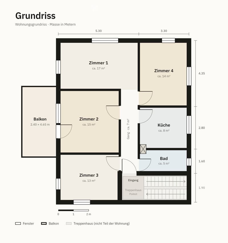 Floor plan of a 4-room apartment with a balcony, kitchen, bathroom, and entrance area.