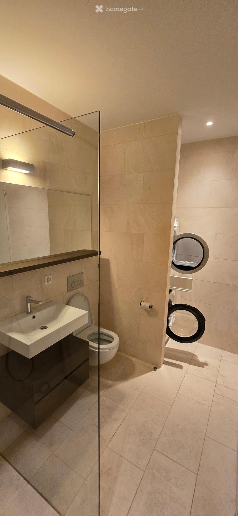 Modern bathroom with a white sink, toilet, and a glass-enclosed shower area. A washing machine is visible in the background.