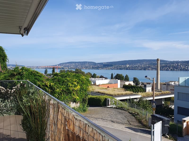 Balcony with a view of a cityscape, water, and distant hills. The balcony is bordered by a wooden railing and has a paved surface.