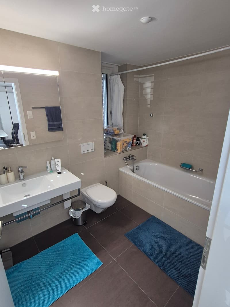 Modern bathroom with a double sink, toilet, bathtub, and shower area. Features include a large mirror, towels, bathmats, and toiletries.