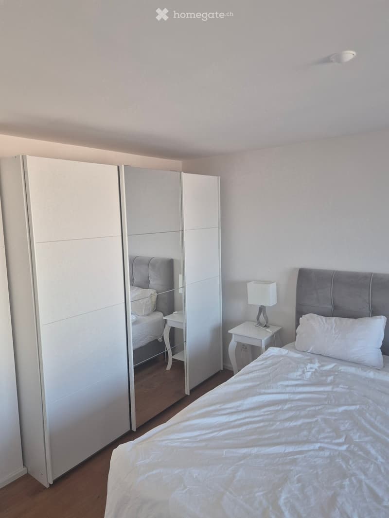 Modern bedroom with a large bed, white bedding, a nightstand with a lamp, and a large mirrored wardrobe.
