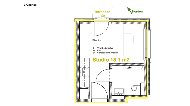 Floor plan of a studio apartment measuring 18.1 m², featuring a bathroom/WC, a small balcony/terraces area, and a main studio space.