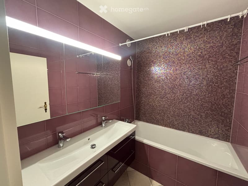 Modern bathroom with a double sink, bathtub, large mirror, and dark purple tiled walls.