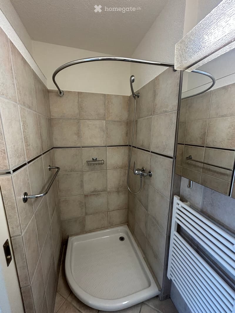 Small bathroom with a bathtub, shower, radiator, mirror, and towel rack. The walls are tiled in beige with a black border at the top.