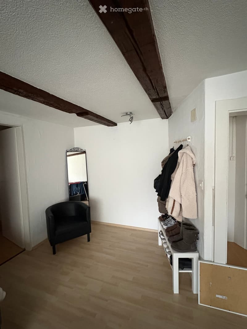 A small, well-lit hallway with wooden flooring, a black armchair, a mirror, a coat rack with jackets, and a shoe rack with boots.