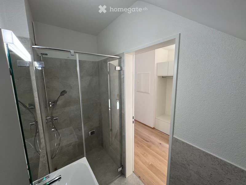 Modern bathroom with a bathtub, glass-enclosed shower, and wooden flooring.