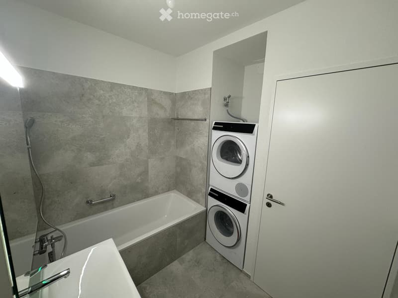 Modern bathroom with a bathtub, sink, and stacked washer/dryer unit. Features grey tiled walls and a glass shower enclosure.