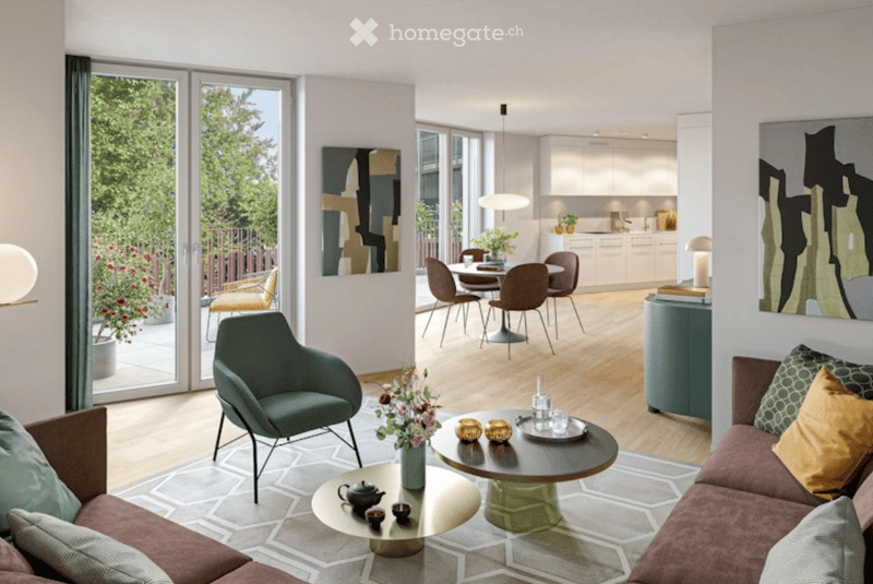Modern living and dining area with a sofa, coffee table, dining table, chairs, pendant light, and kitchen area with cabinets and appliances. Large windows and sliding doors open to a balcony with outdoor seating.
