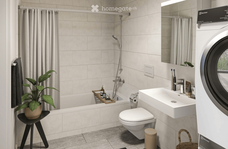 Modern bathroom with a bathtub, toilet, sink, and a private washing machine. Features include a shower, mirror, plant, and a small stool.