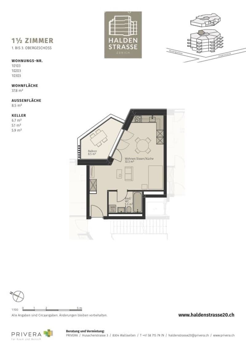 Floor plan of a 1.5-room apartment on the 1st to 3rd floor, including living/dining/kitchen area, bedroom, bathroom, and balcony.