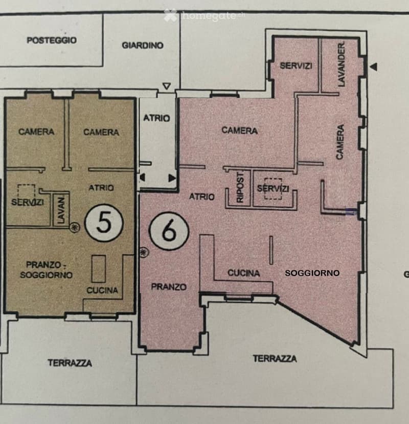 Floor plan showing two apartments: Apartment 5 includes living room, dining area, kitchen, two bedrooms, and a service area. Apartment 6 includes living room, dining area, kitchen, three bedrooms, and a service area. Both have access to a terrace and shar