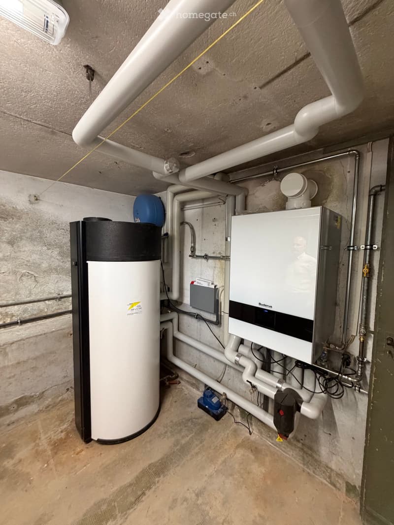 Utility room with a water heater, boiler, and various pipes connected to the ceiling and walls.