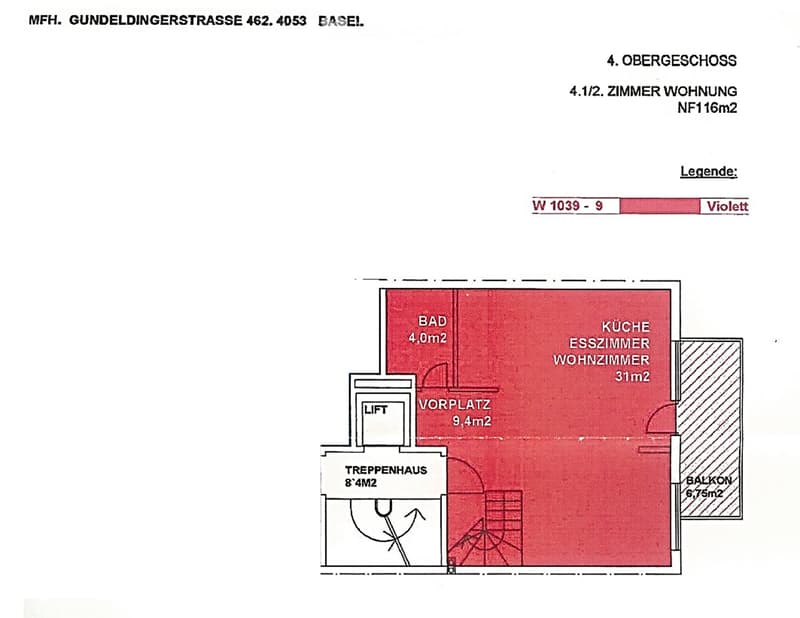 Floor plan of a 4th-floor apartment with a combined kitchen-dining-living room (31m2), bathroom (4m2), entrance area (9.4m2), staircase (8'4m2), and balcony (6.75m2).