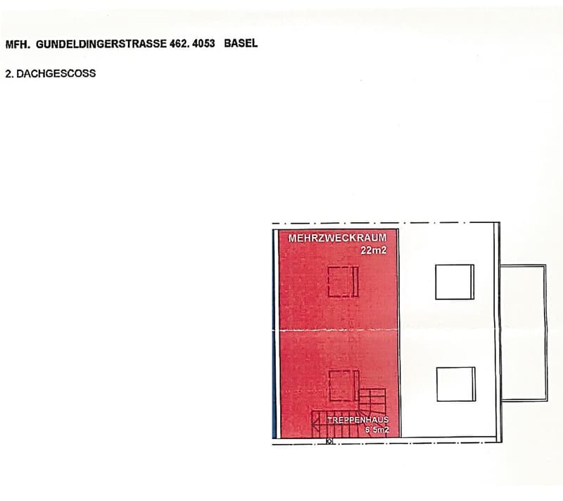 Floor plan of a roof terrace showing a multi-purpose room (22m²) and a staircase house (6.5m²).