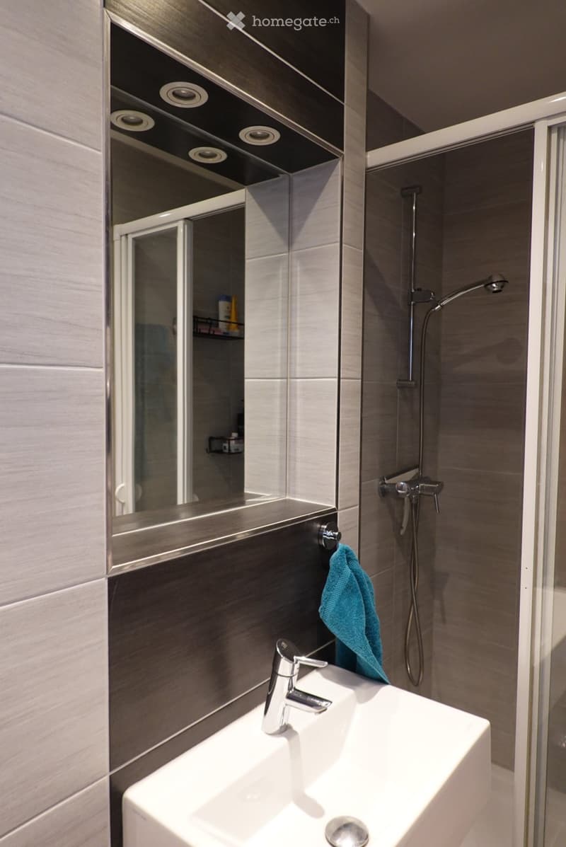 Modern bathroom with a white sink, chrome faucet, large mirror with built-in storage, and a glass-enclosed shower area.
